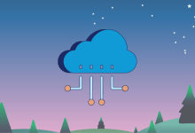 Illustration of a stylized blue cloud with connector lines extending downward, ending in orange and light blue circular nodes, set against a twilight sky with stars and a row of pine trees on rolling green hills below.