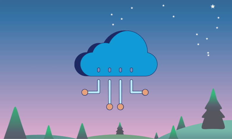 Illustration of a stylized blue cloud with connector lines extending downward, ending in orange and light blue circular nodes, set against a twilight sky with stars and a row of pine trees on rolling green hills below.