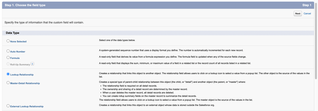 Step 1 of the Salesforce field creation wizard, showing Lookup Relationship selected as the field type, with descriptions of both Lookup and Master-Detail options.