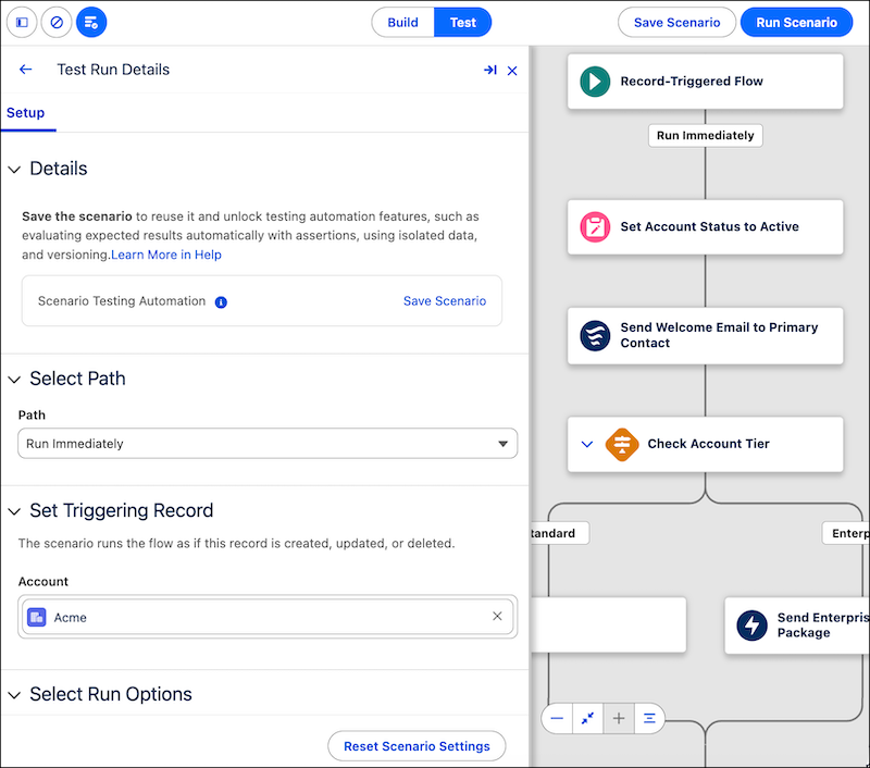 Screenshot of Salesforce Flow Test Mode (Beta) showing the Test Run Details panel alongside a record-triggered flow canvas. The left panel displays Setup options including Select Path (set to "Run Immediately") and Set Triggering Record, with an Account named "Acme" selected as the triggering record. The right side shows the flow canvas with elements including "Record-Triggered Flow," "Set Account Status to Active," "Send Welcome Email to Primary Contact," and "Check Account Tier," which branches into Standard and Enterprise paths.