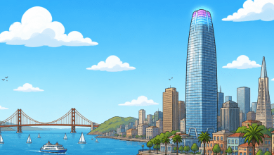 Illustrated San Francisco skyline featuring the Salesforce Tower, Golden Gate Bridge, and Transamerica Pyramid along the bay.