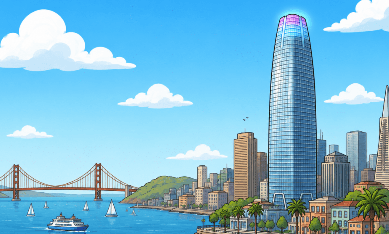 Illustrated San Francisco skyline featuring the Salesforce Tower, Golden Gate Bridge, and Transamerica Pyramid along the bay.