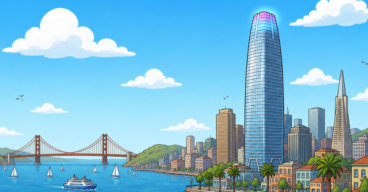 Illustrated San Francisco skyline featuring the Salesforce Tower, Golden Gate Bridge, and Transamerica Pyramid along the bay.