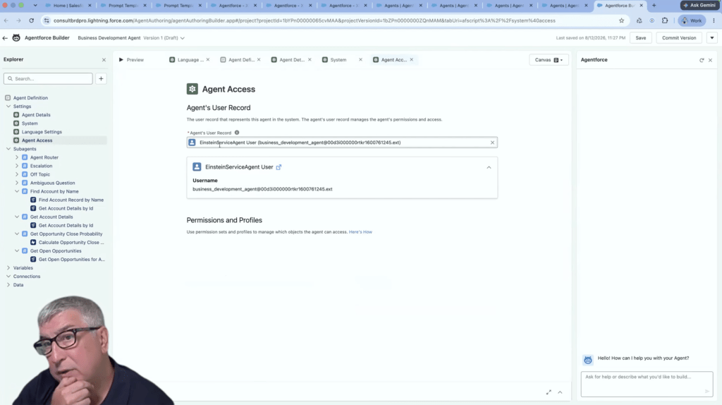 Salesforce Agentforce Builder Agent Access screen showing a dedicated Einstein Service Agent user tied to the agent's permission set.