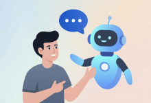 Illustration of a man talking with a friendly blue AI robot with a speech bubble, representing conversational AI agents like Agentforce.