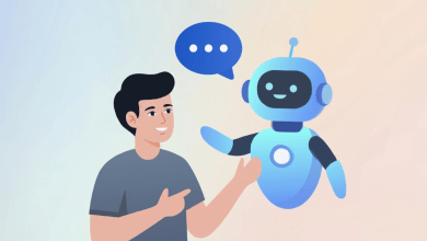 Illustration of a man talking with a friendly blue AI robot with a speech bubble, representing conversational AI agents like Agentforce.