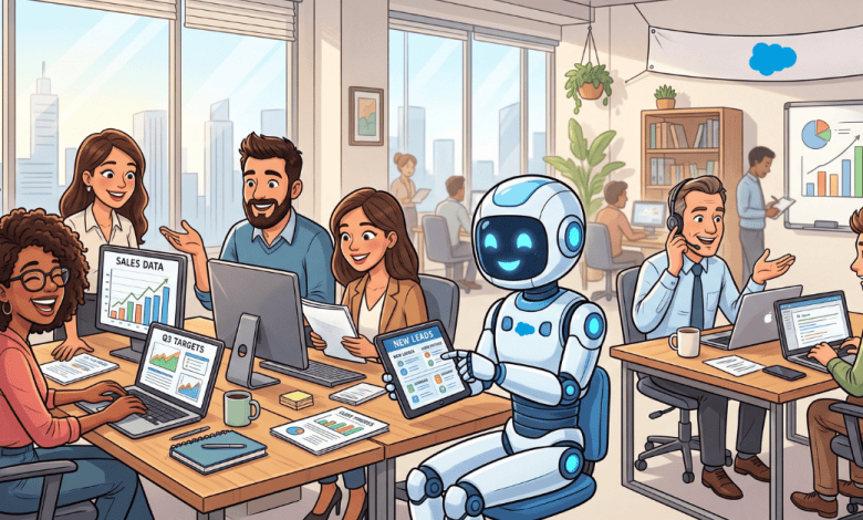 Illustration of a sales team working at a shared desk with a friendly robot assistant, surrounded by screens showing sales data, Q3 targets, and new leads.