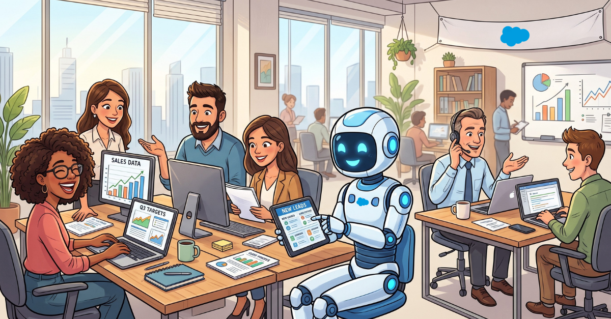 Illustration of a sales team working at a shared desk with a friendly robot assistant, surrounded by screens showing sales data, Q3 targets, and new leads.