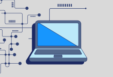 Illustration of a laptop connected to a network of circuit-style lines and nodes, representing developer tooling and automation