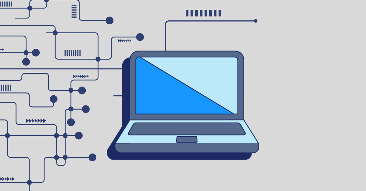 Illustration of a laptop connected to a network of circuit-style lines and nodes, representing developer tooling and automation