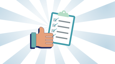 Illustrated thumbs up in front of a checklist with four completed items, set against a blue and white sunburst background.