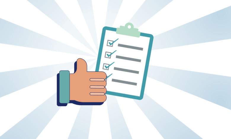 Illustrated thumbs up in front of a checklist with four completed items, set against a blue and white sunburst background.