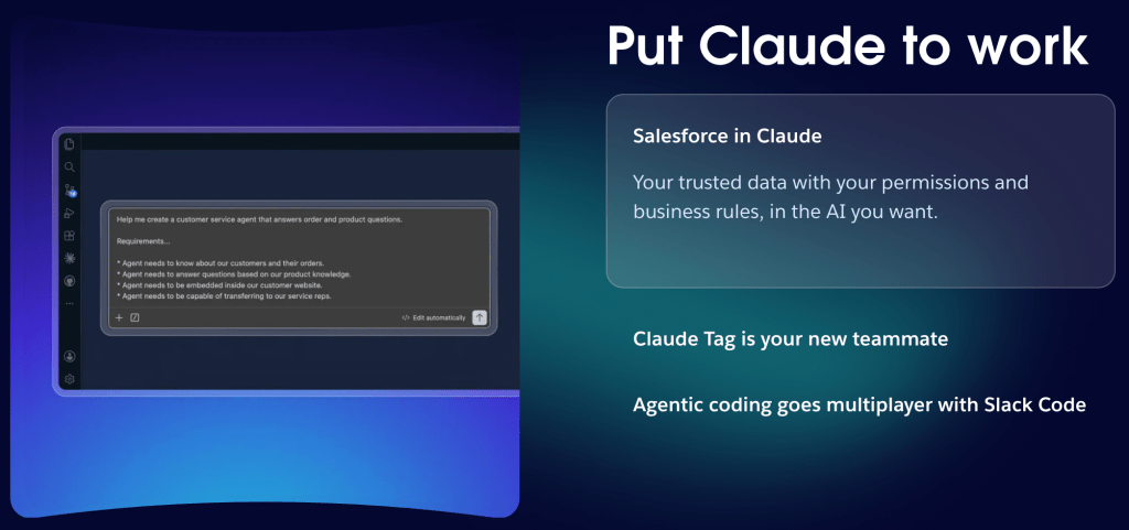 Salesforce slide reading "Put Claude to Work," listing Salesforce in Claude, Claude Tag, and Slack Code, next to a Claude chat interface screenshot.