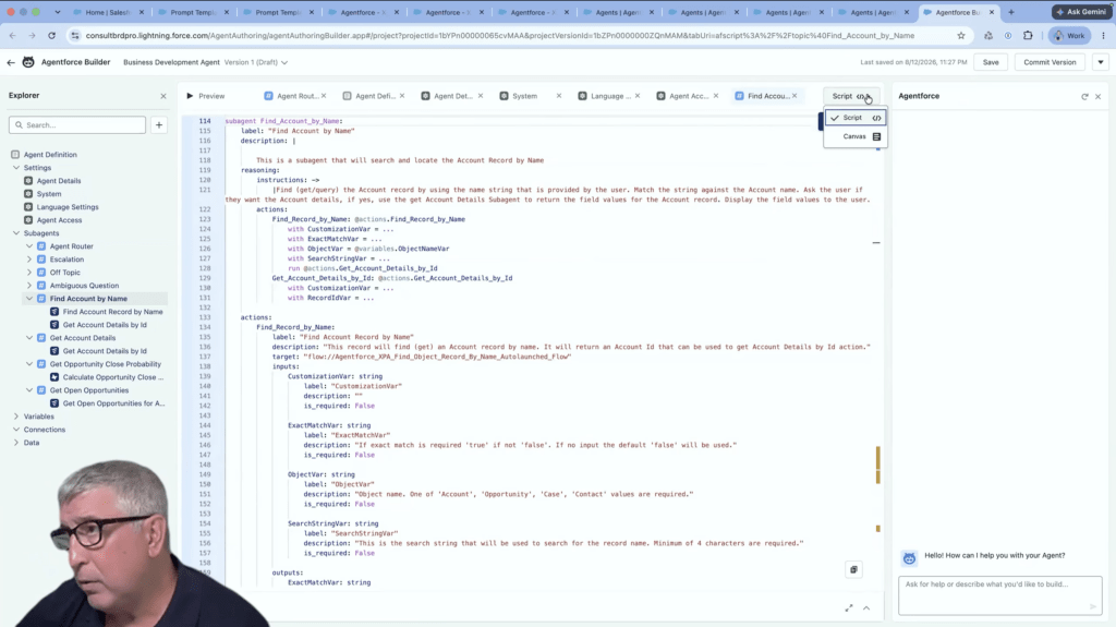 Agentforce Builder script view showing the underlying YAML-style configuration for an agent's system instructions and subagent structure.