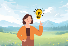 Illustration of a woman standing in a mountain landscape with a lightbulb above her, representing an idea.