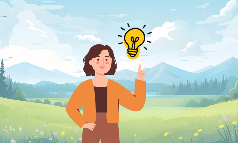 Illustration of a woman standing in a mountain landscape with a lightbulb above her, representing an idea.