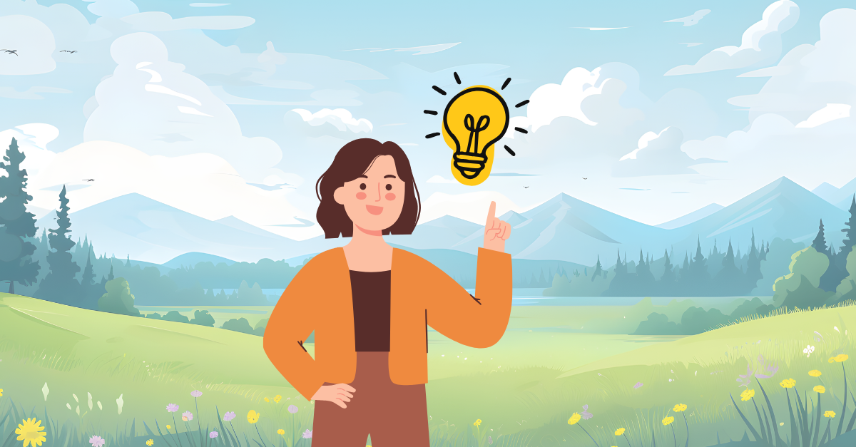 Illustration of a woman standing in a mountain landscape with a lightbulb above her, representing an idea.