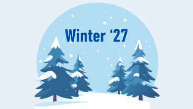 Illustrated banner with "Winter '27" in bold blue text over a light blue circular backdrop, featuring snow-covered pine trees, falling snow, and a snowy ground.