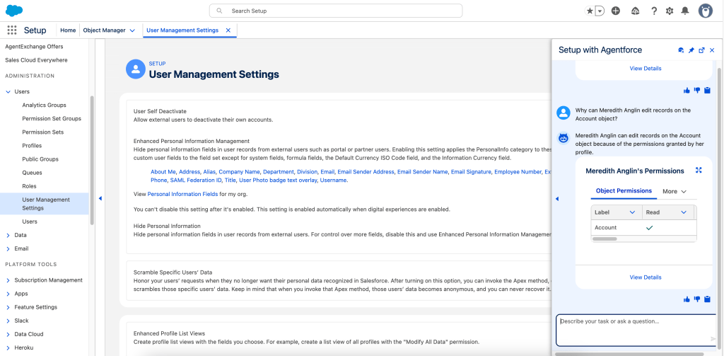 A Setup with Agentforce chat panel showing why Meredith Anglin can edit Account records, with an object permissions table confirming Read access on Account granted by her profile.