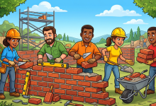 Illustrated construction crew laying bricks together, representing teams building a strong architectural foundation