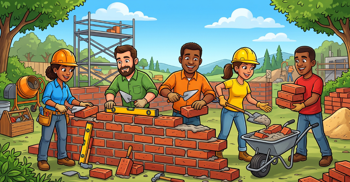 Illustrated construction crew laying bricks together, representing teams building a strong architectural foundation