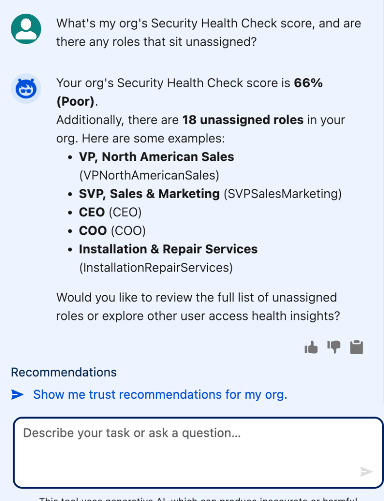 A Setup with Agentforce chat panel showing a 66% Poor Security Health Check score and a list of 18 unassigned roles, with a suggested recommendation to show trust recommendations.