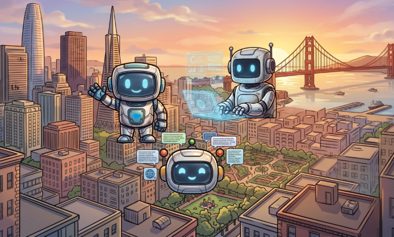 Illustration of three AI robot characters interacting above the San Francisco skyline at sunset, with the Golden Gate Bridge, Salesforce Tower, and Transamerica Pyramid in the background, representing agentic AI at Dreamforce