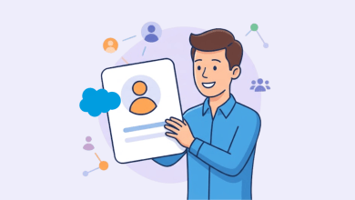 Illustration of a smiling man holding a contact record card, surrounded by connected people icons representing Salesforce accounts and contacts