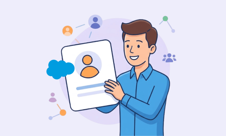 Illustration of a smiling man holding a contact record card, surrounded by connected people icons representing Salesforce accounts and contacts