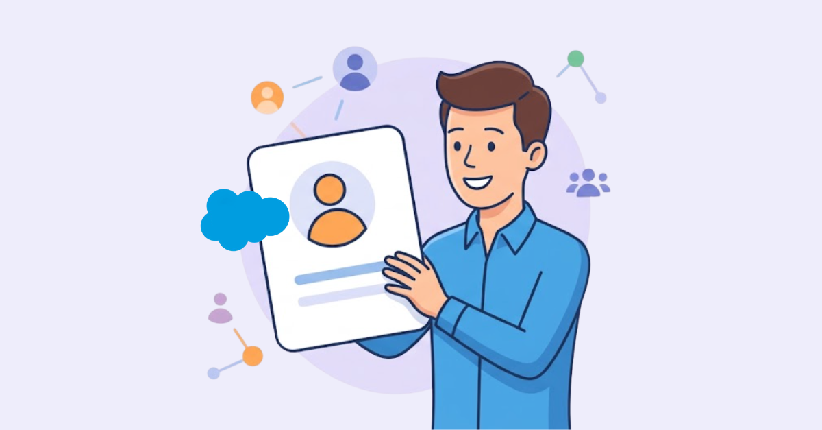 Illustration of a smiling man holding a contact record card, surrounded by connected people icons representing Salesforce accounts and contacts