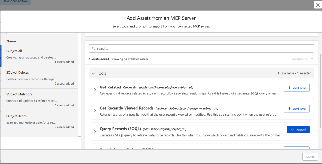 Add Assets from an MCP Server: Select tools and prompts to import from your connected MCP server.