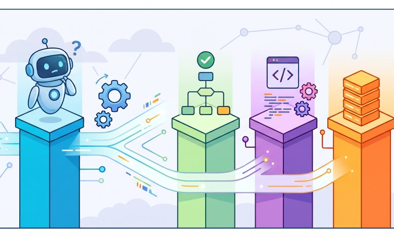 Cartoon illustration of a thoughtful AI robot deciding where logic should live across four pillars representing workflow automation, custom code, and external databases.