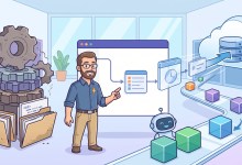 A friendly, bearded Salesforce developer in a modern office pointing to a large touchscreen interface showing an efficient automated workflow path that bypasses a cluttered pile of dusty gears and folders and streamlines data into a cloud database, while two small robots assist with data cube processing, illustrating the transition from complex legacy systems to optimized, modern flow automation.