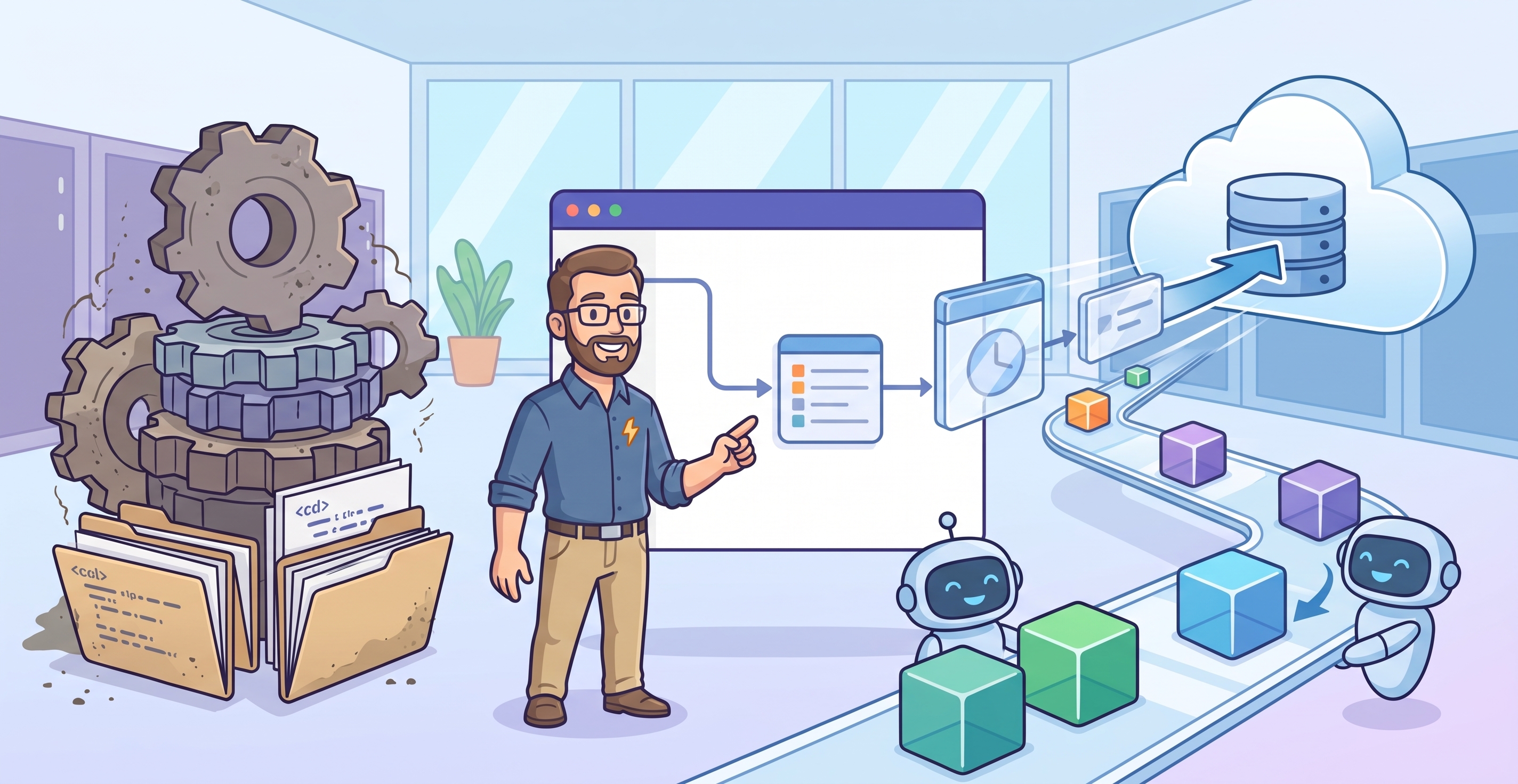 A friendly, bearded Salesforce developer in a modern office pointing to a large touchscreen interface showing an efficient automated workflow path that bypasses a cluttered pile of dusty gears and folders and streamlines data into a cloud database, while two small robots assist with data cube processing, illustrating the transition from complex legacy systems to optimized, modern flow automation.