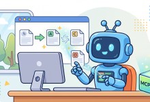 A cartoon illustration of a happy blue robot with expressive digital eyes, representing an AI agent, sitting in front of a clean computer dashboard. The dashboard shows a successful workflow where an initial document with an arrow transforms into three new documents (labeled A, C, and O), symbolizing efficient task automation and process completion. The robot is actively engaged, surrounded by soft light particles and a friendly, modern background.