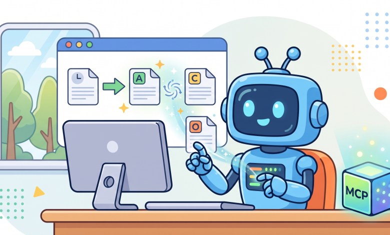 A cartoon illustration of a happy blue robot with expressive digital eyes, representing an AI agent, sitting in front of a clean computer dashboard. The dashboard shows a successful workflow where an initial document with an arrow transforms into three new documents (labeled A, C, and O), symbolizing efficient task automation and process completion. The robot is actively engaged, surrounded by soft light particles and a friendly, modern background.