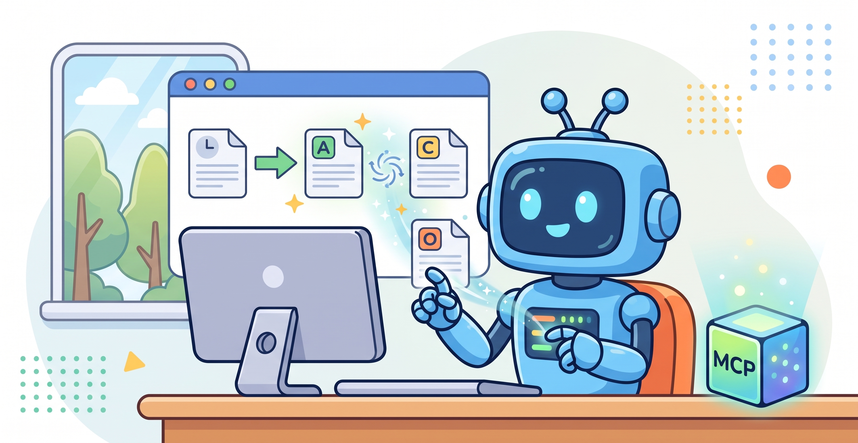 A cartoon illustration of a happy blue robot with expressive digital eyes, representing an AI agent, sitting in front of a clean computer dashboard. The dashboard shows a successful workflow where an initial document with an arrow transforms into three new documents (labeled A, C, and O), symbolizing efficient task automation and process completion. The robot is actively engaged, surrounded by soft light particles and a friendly, modern background.