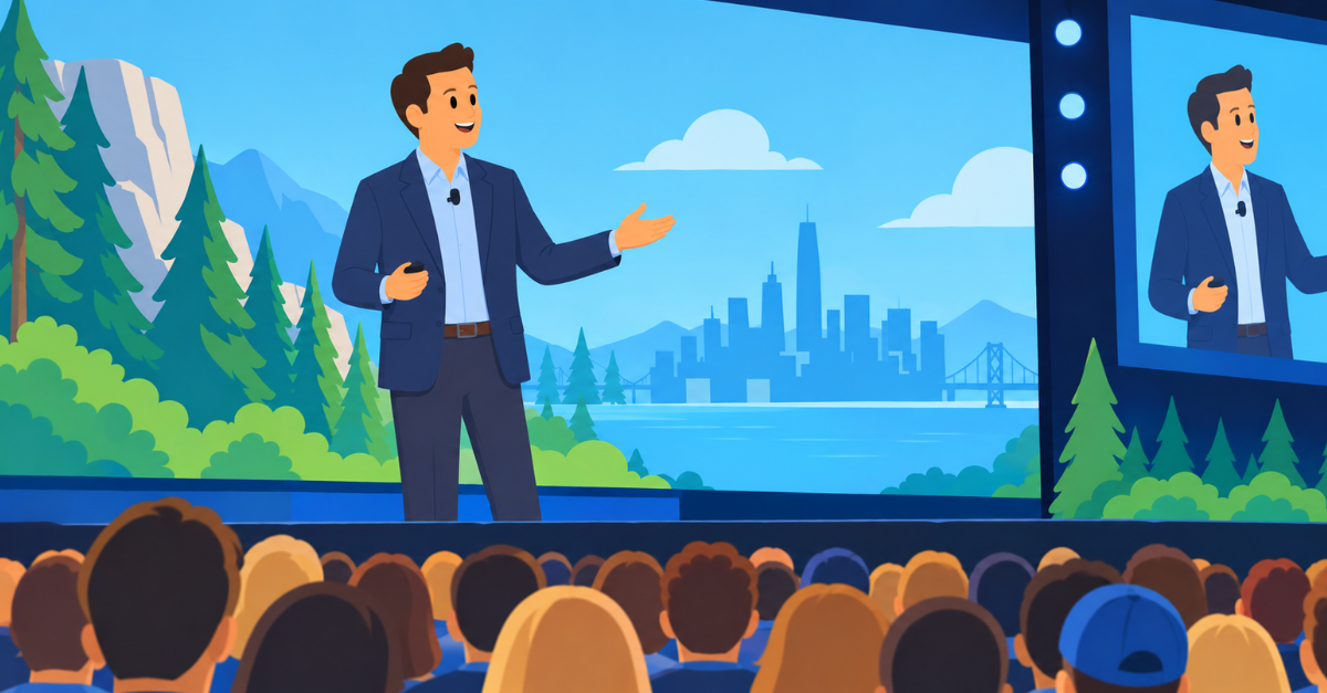 Illustrated keynote speaker on stage gesturing toward a San Francisco skyline backdrop, with an audience watching and a live screen relay beside him