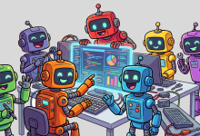 Illustration of seven colorful cartoon robots collaborating around a shared computer screen displaying data and charts