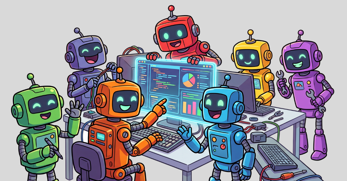 Illustration of seven colorful cartoon robots collaborating around a shared computer screen displaying data and charts