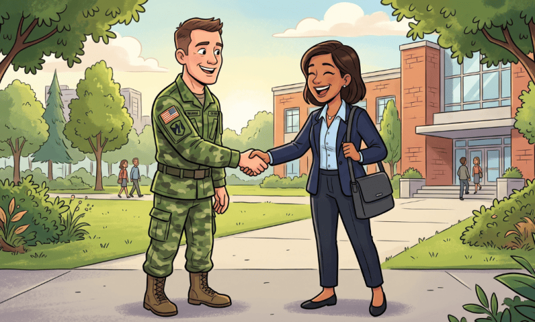 Illustrated scene of a smiling service member in uniform shaking hands with a professional woman outside an office building, representing the transition from military service to a civilian tech career.