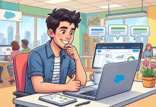 Illustrated Salesforce admin smiling at a laptop displaying dashboard charts and chat bubbles, working in a bright office with colleagues at their desks.