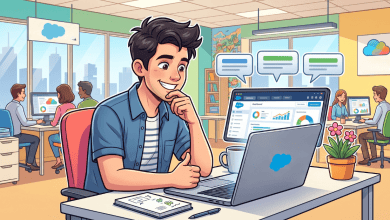 Illustrated Salesforce admin smiling at a laptop displaying dashboard charts and chat bubbles, working in a bright office with colleagues at their desks.