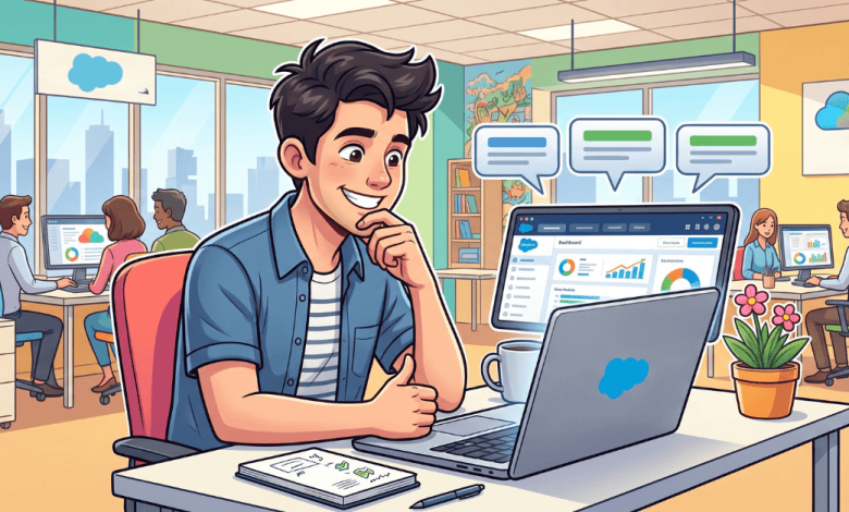 Illustrated Salesforce admin smiling at a laptop displaying dashboard charts and chat bubbles, working in a bright office with colleagues at their desks.