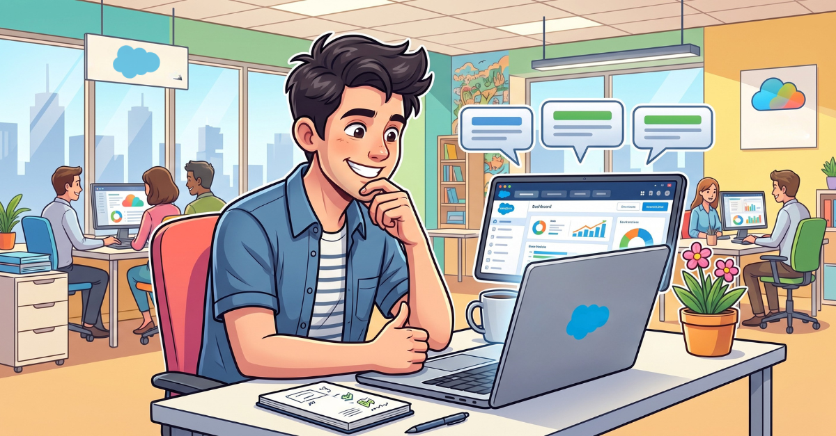 Illustrated Salesforce admin smiling at a laptop displaying dashboard charts and chat bubbles, working in a bright office with colleagues at their desks.