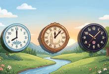 Three clocks showing different times, representing global timezones, set against a peaceful landscape with a river running through green hills.