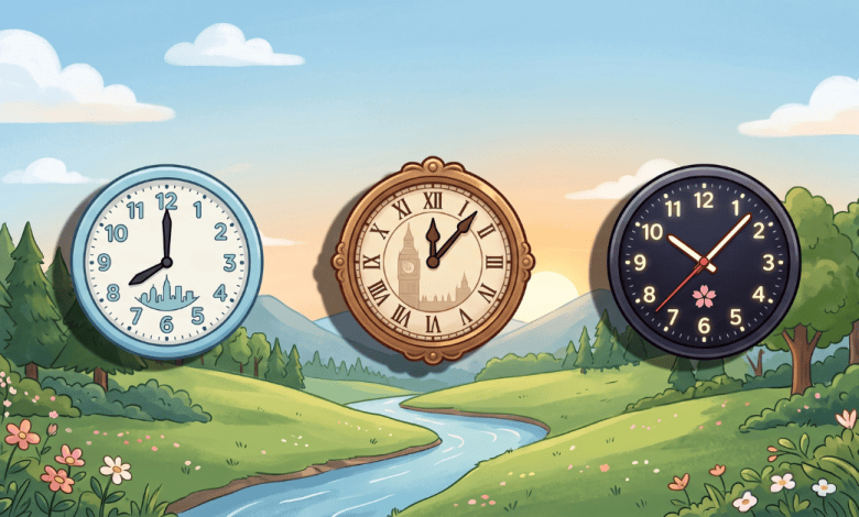 Three clocks showing different times, representing global timezones, set against a peaceful landscape with a river running through green hills.
