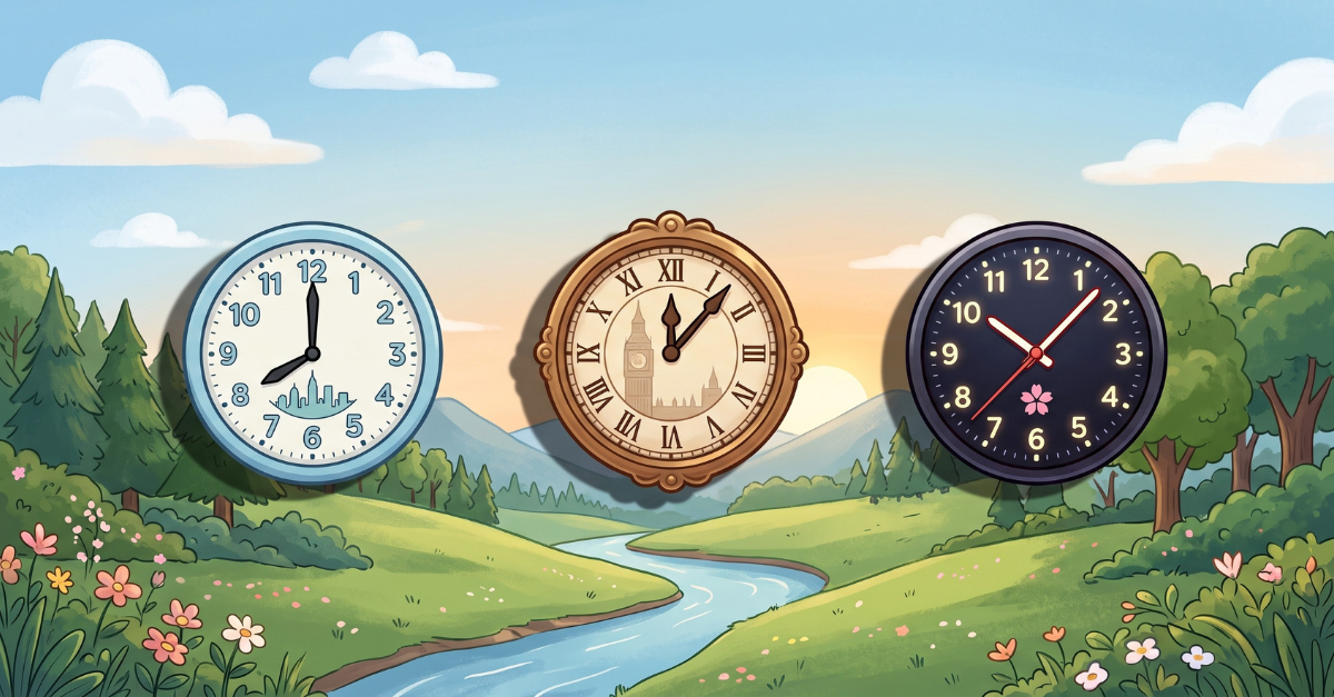 Three clocks showing different times, representing global timezones, set against a peaceful landscape with a river running through green hills.