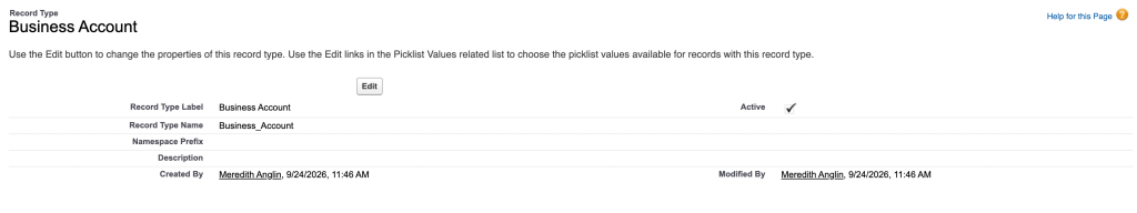Salesforce Business Account record type detail page showing the record type label, API name, and Active checkbox