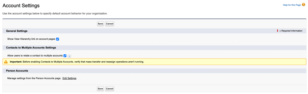 Salesforce Account Settings page with the "Allow users to relate a contact to multiple accounts" checkbox selected